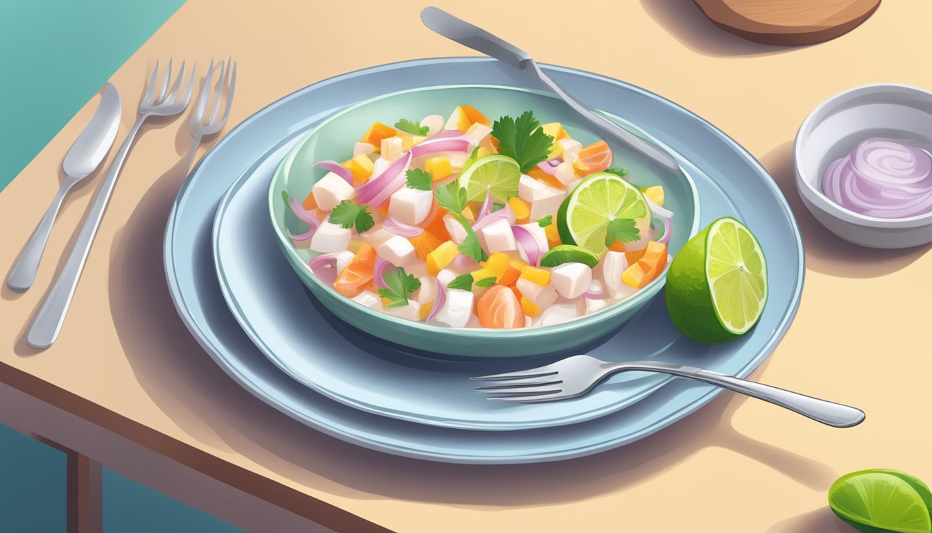 A plate of ceviche being gently reheated in a microwave. A fork and a slice of lime are placed next to the dish