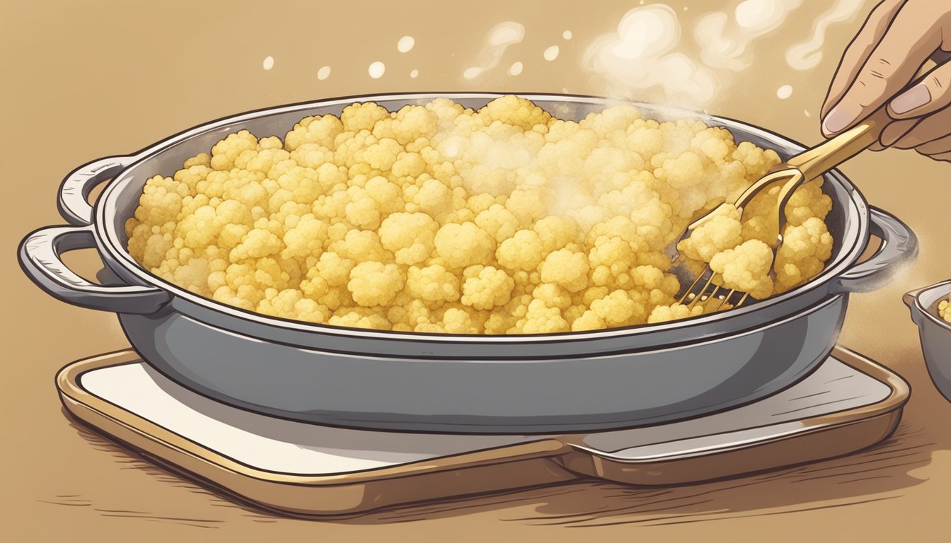 A steaming dish of cauliflower gratin being carefully removed from the oven with a golden, bubbling crust on top