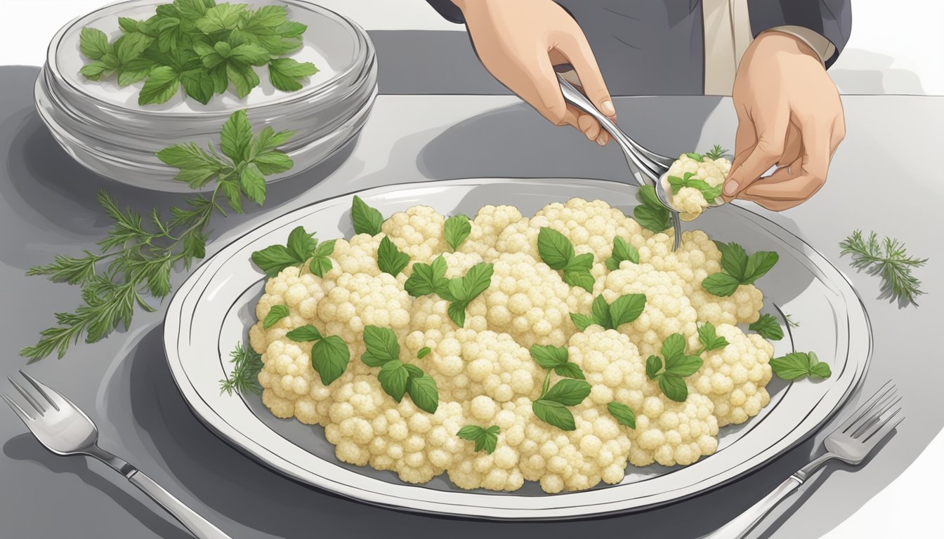 A steaming dish of cauliflower gratin being transferred onto a serving platter, with a sprinkle of fresh herbs and a decorative garnish