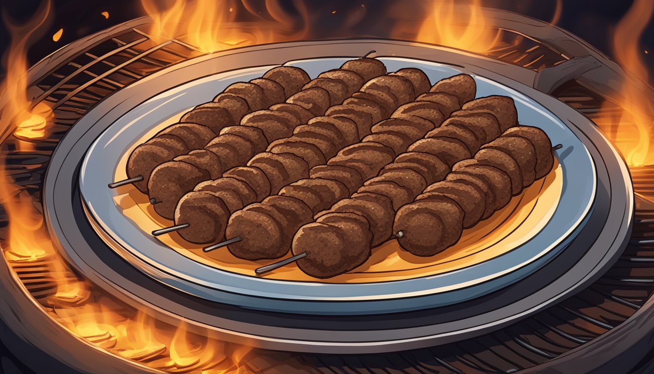 A plate of cevapi arranged in a circular pattern on a grill, surrounded by glowing embers