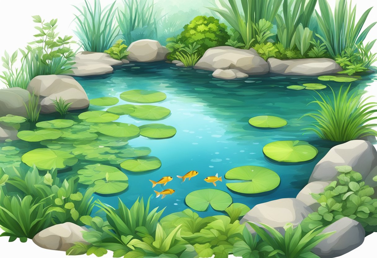 A serene pond surrounded by lush greenery, with clear water and a variety of aquatic plants and fish swimming peacefully