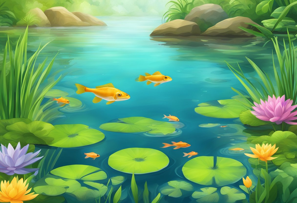 A serene pond with clear water, surrounded by lush greenery and colorful aquatic plants. A variety of aquatic life, such as fish and frogs, thrive in the clean ecosystem