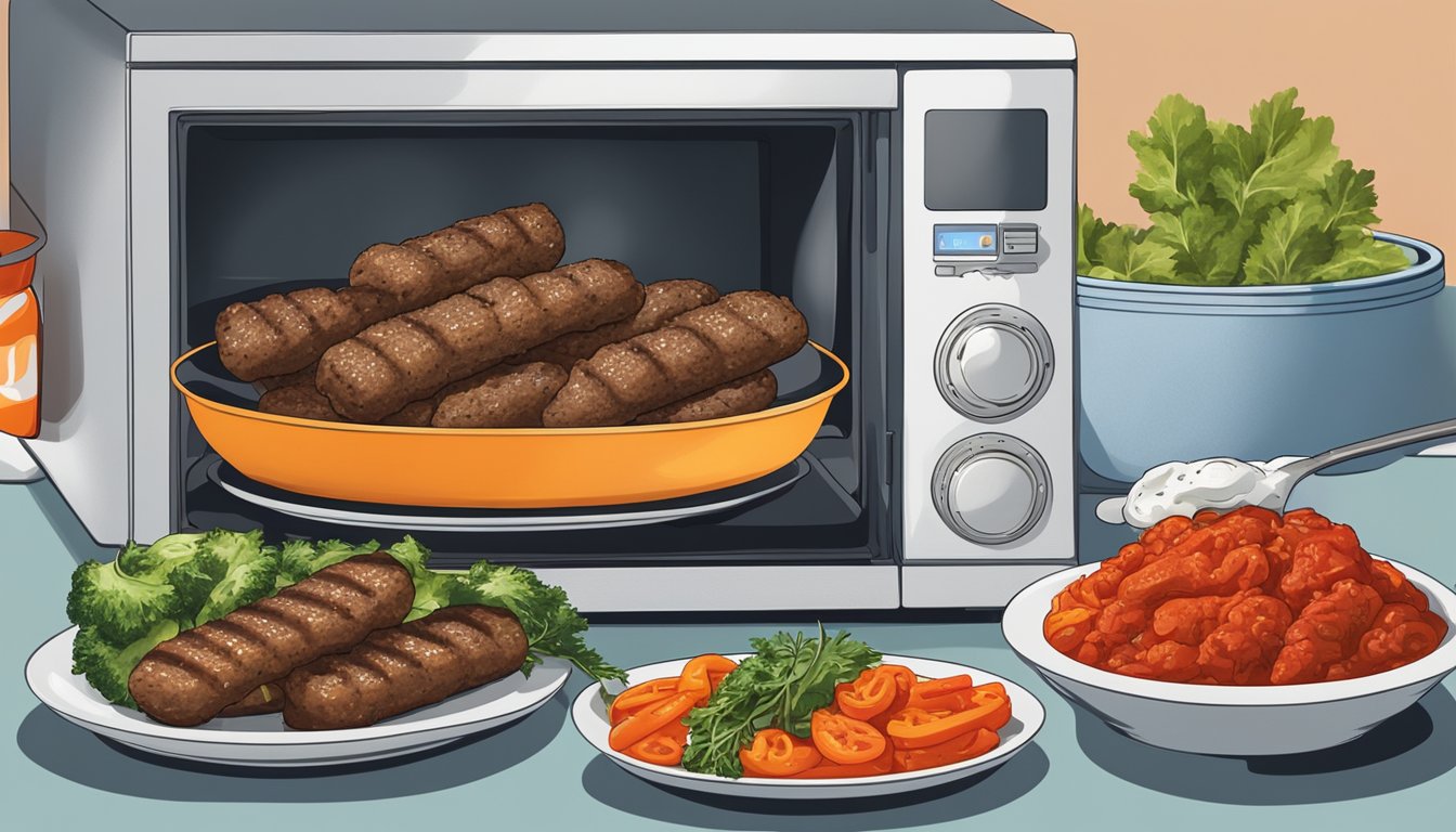 A plate of cevapi, surrounded by grilled vegetables and a side of ajvar, being reheated in a microwave