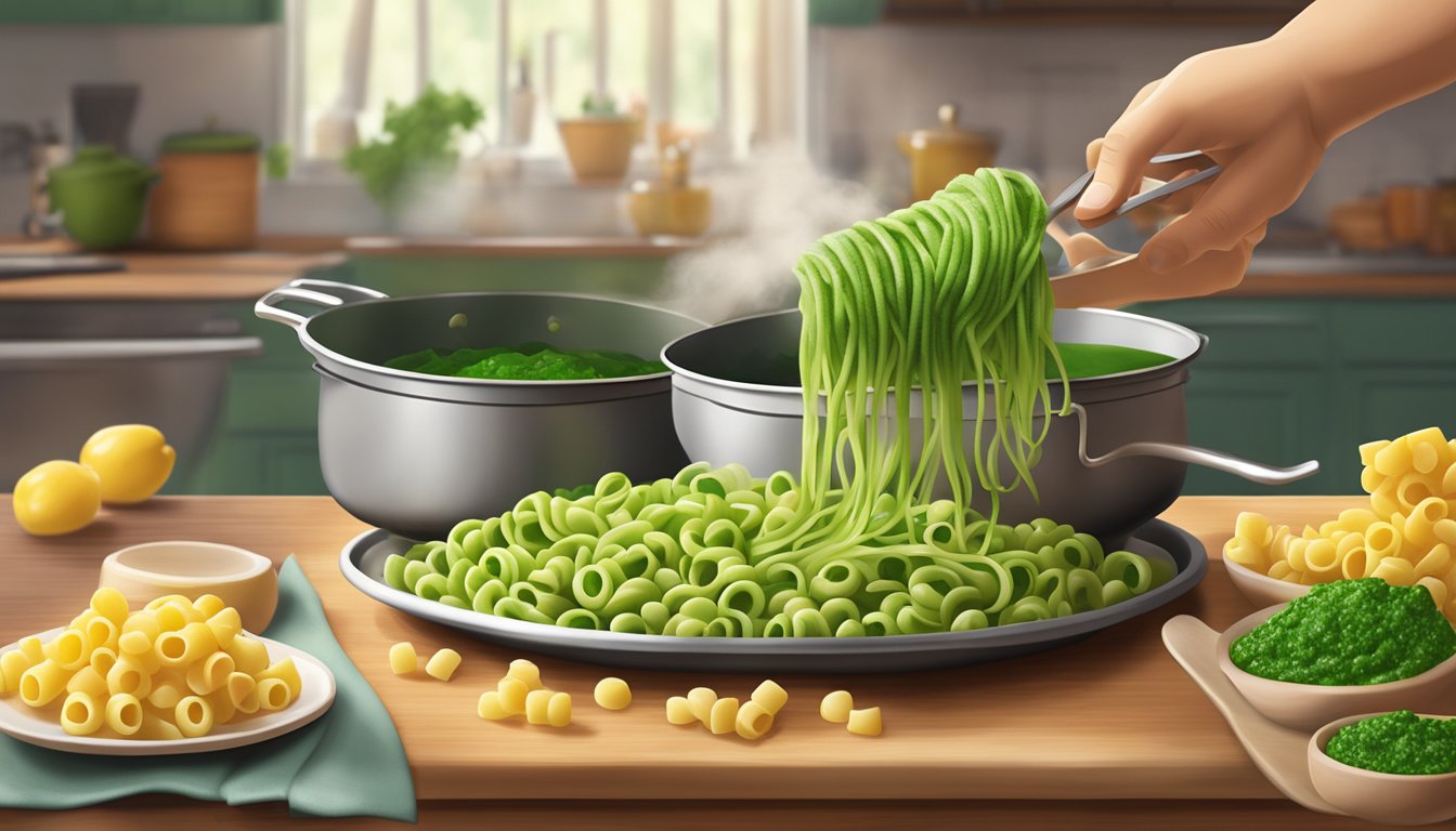 A steaming pot of cavatappi pasta being tossed with vibrant green pesto sauce in a cozy kitchen