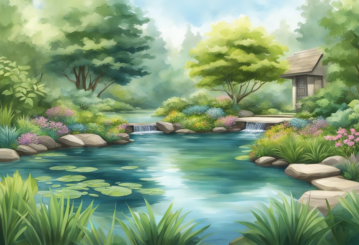 A serene pond with a filtration system installed, surrounded by lush greenery and clear water teeming with aquatic life