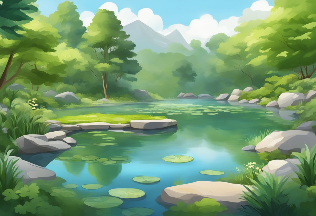 A serene pond with clear water, surrounded by lush greenery and rocks, showcasing a healthy and balanced ecosystem