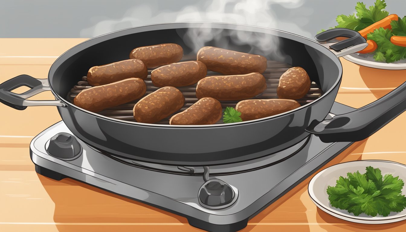 A plate of cevapi being reheated in a skillet over a stovetop, with steam rising from the sizzling sausages