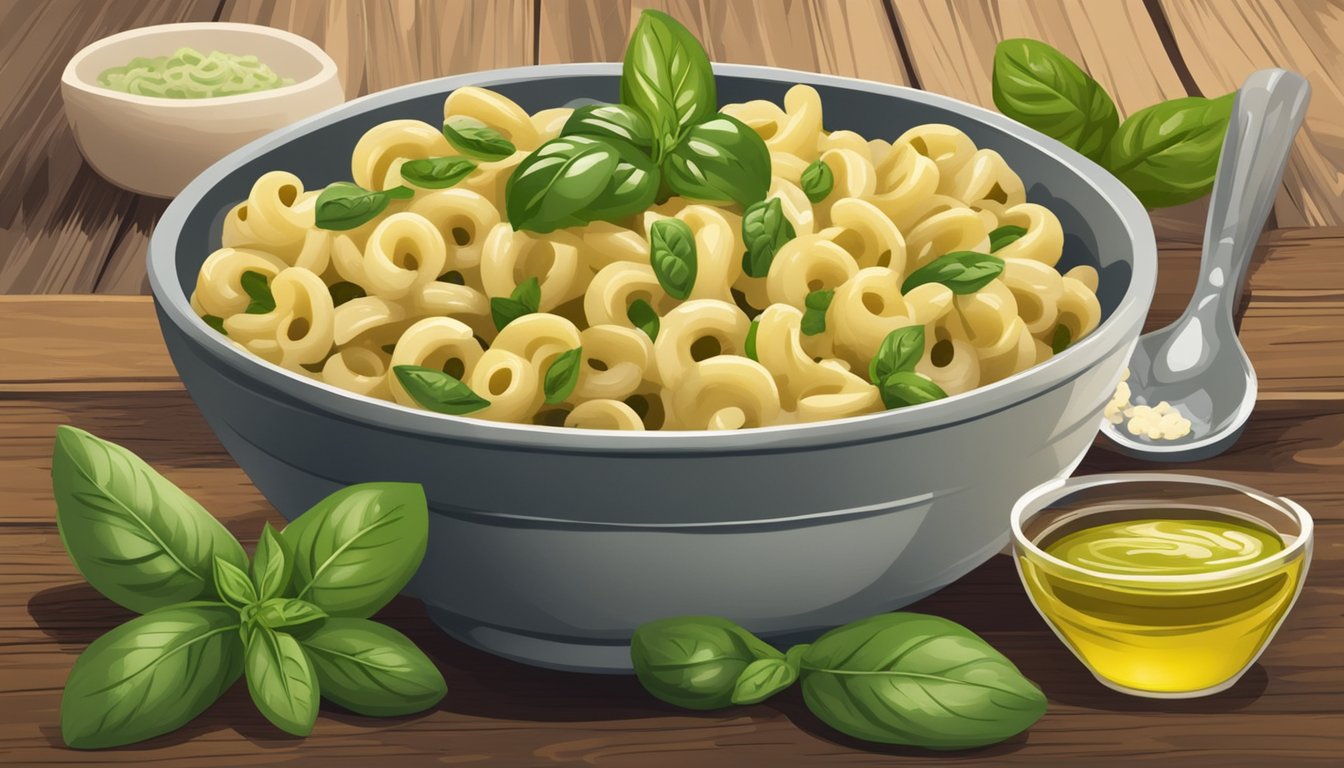 A steaming bowl of cavatappi with pesto sits on a rustic wooden table, surrounded by fresh basil leaves and a drizzle of olive oil