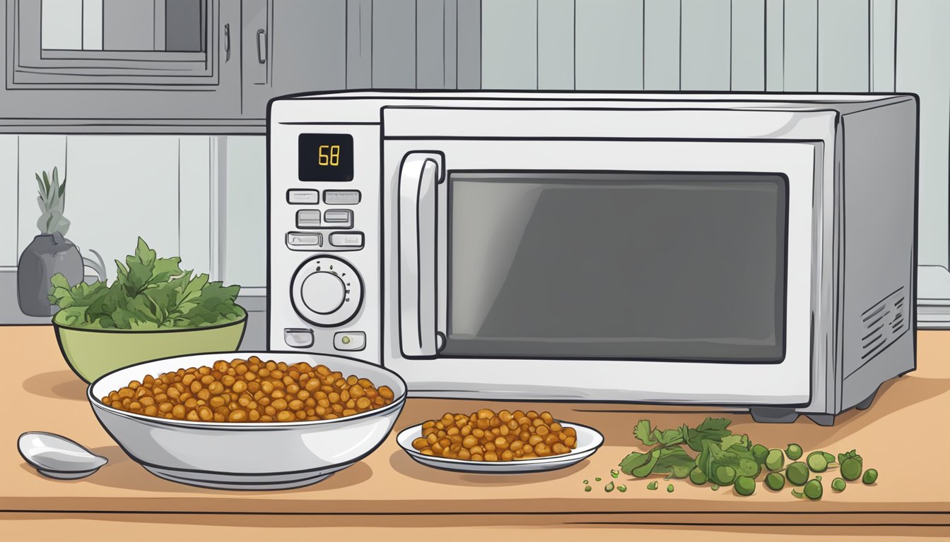 A steaming bowl of chana masala sits in a microwave next to a covered plate