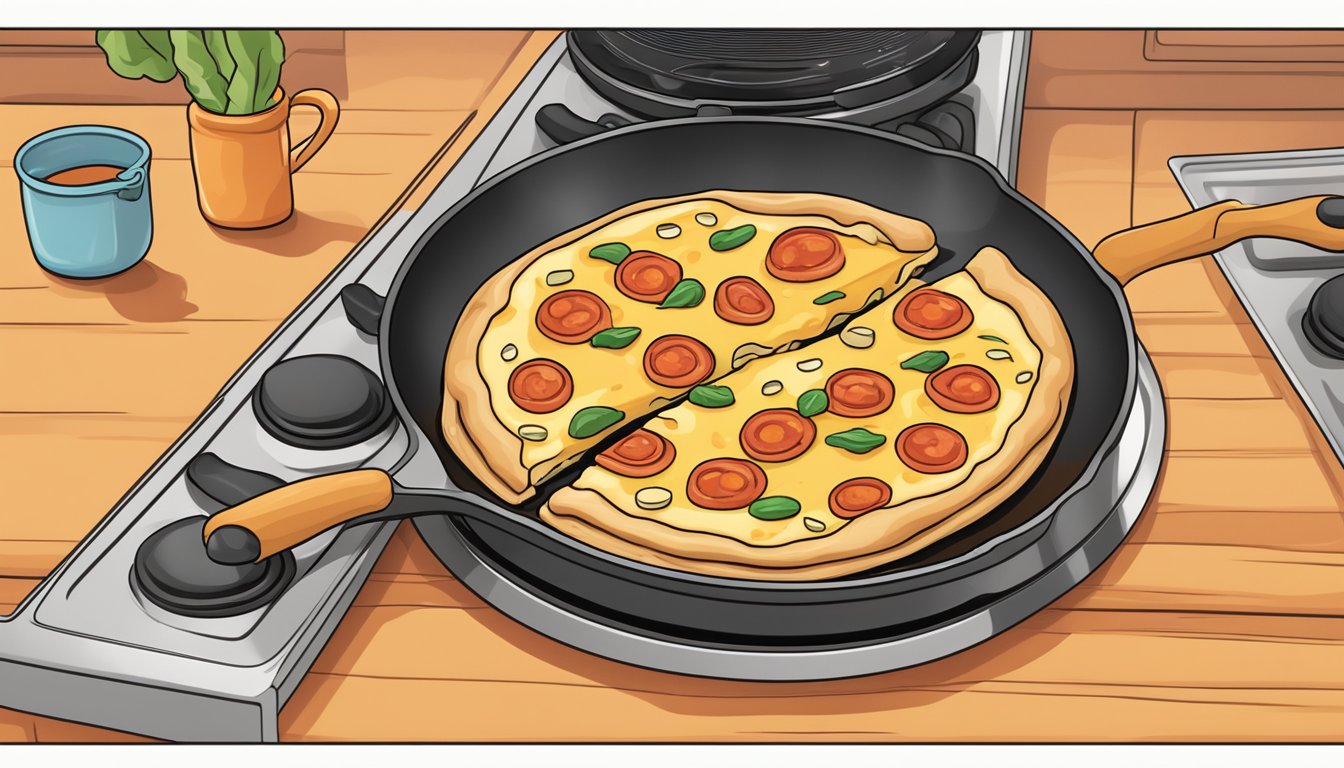 A slice of cheese pizza sitting on a stovetop in a non-stick skillet, being heated over a low flame