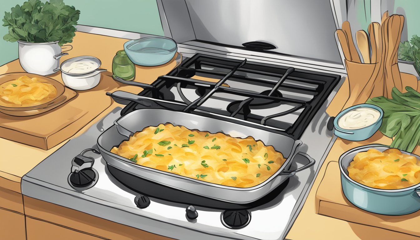 A pot with cheesy scalloped potatoes being reheated on a stovetop