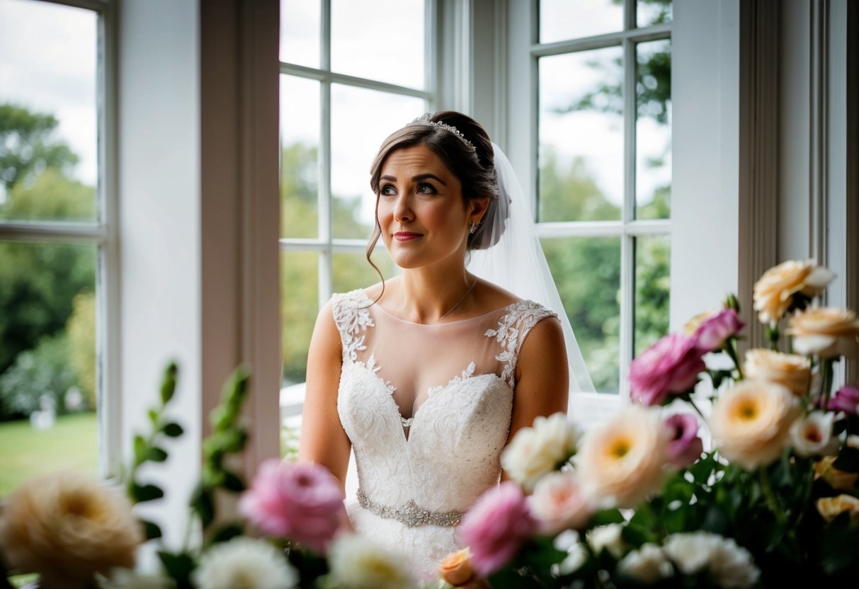 A bride anxiously waits in her wedding dress, surrounded by flowers and framed by a window, as time seems to stand still