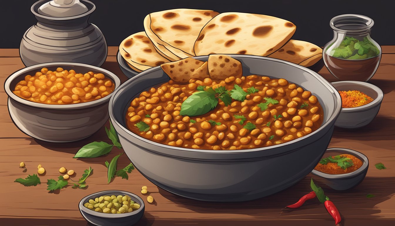 A steaming bowl of chana masala sits on a rustic wooden table, surrounded by colorful spices and a stack of warm naan bread