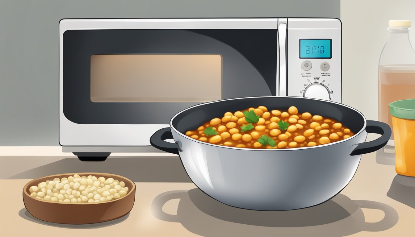 A steaming bowl of chana masala being reheated in a microwave