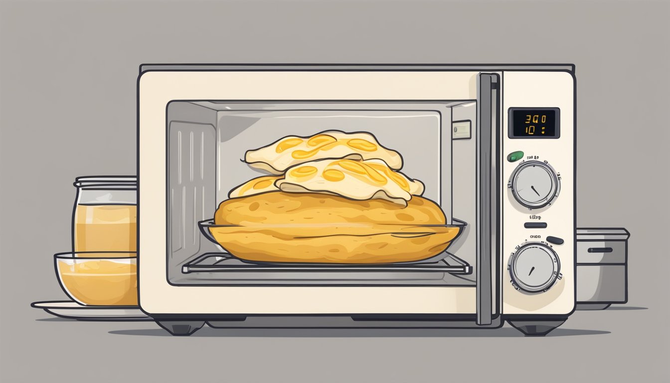 A microwave with a plate of cheesy scalloped potatoes inside, the timer counting down, steam rising from the dish