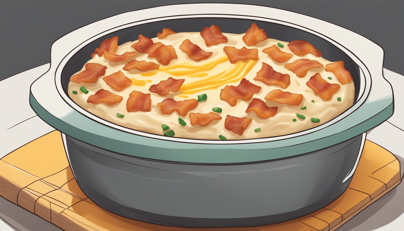 A microwave-safe bowl with cheesy bacon dip being reheated in the microwave