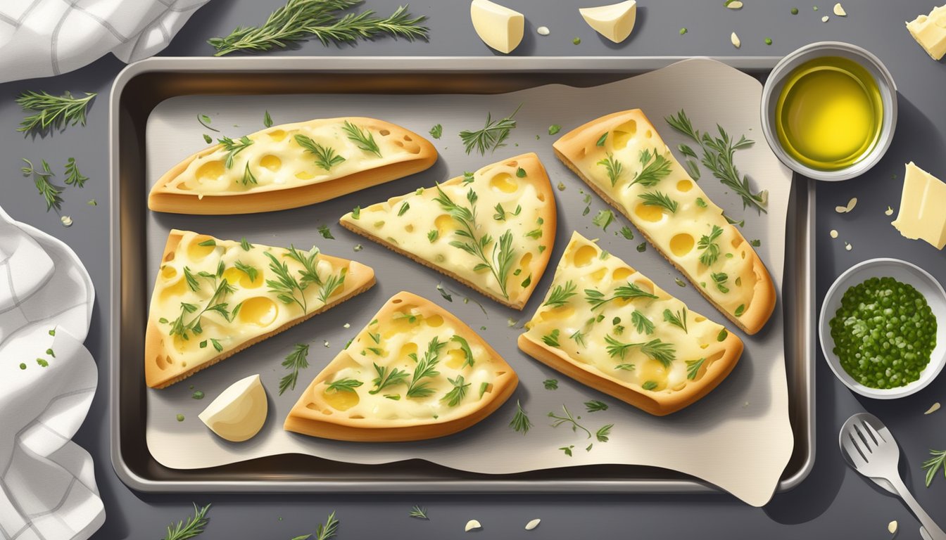 A baking sheet with slices of cheesy garlic bread, a drizzle of olive oil, and a sprinkle of herbs ready for the oven