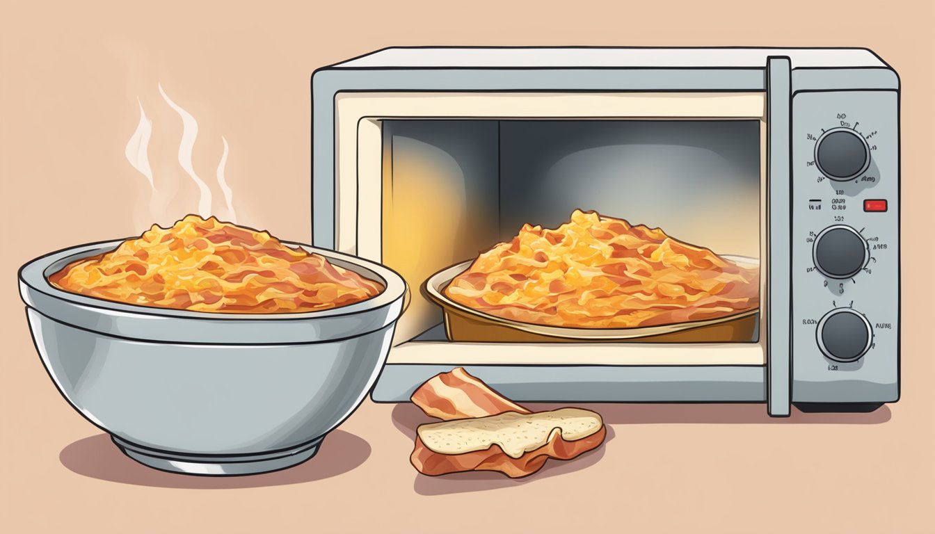 A bowl of cheesy bacon dip being reheated in a microwave