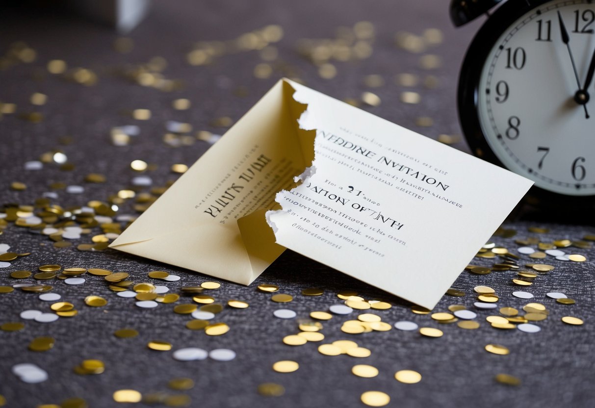 A fancy wedding invitation torn in half, scattered confetti on the floor, and a clock showing the time of the event