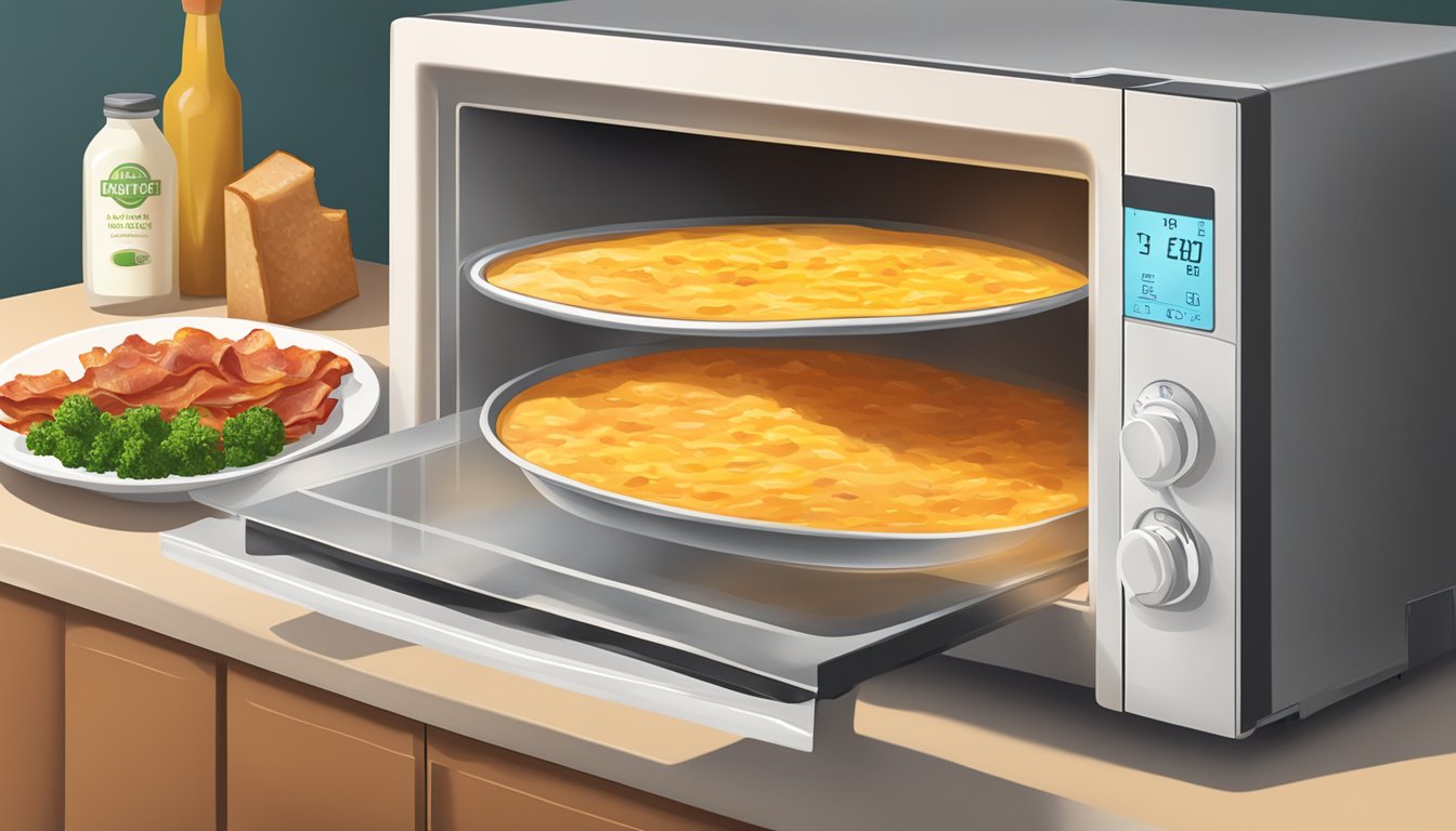 A bowl of cheesy bacon dip being heated in a microwave