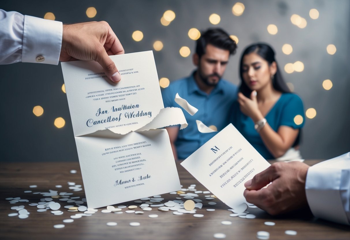 A wedding invitation being torn in half, scattered confetti, and a disappointed couple looking at their cancelled wedding plans