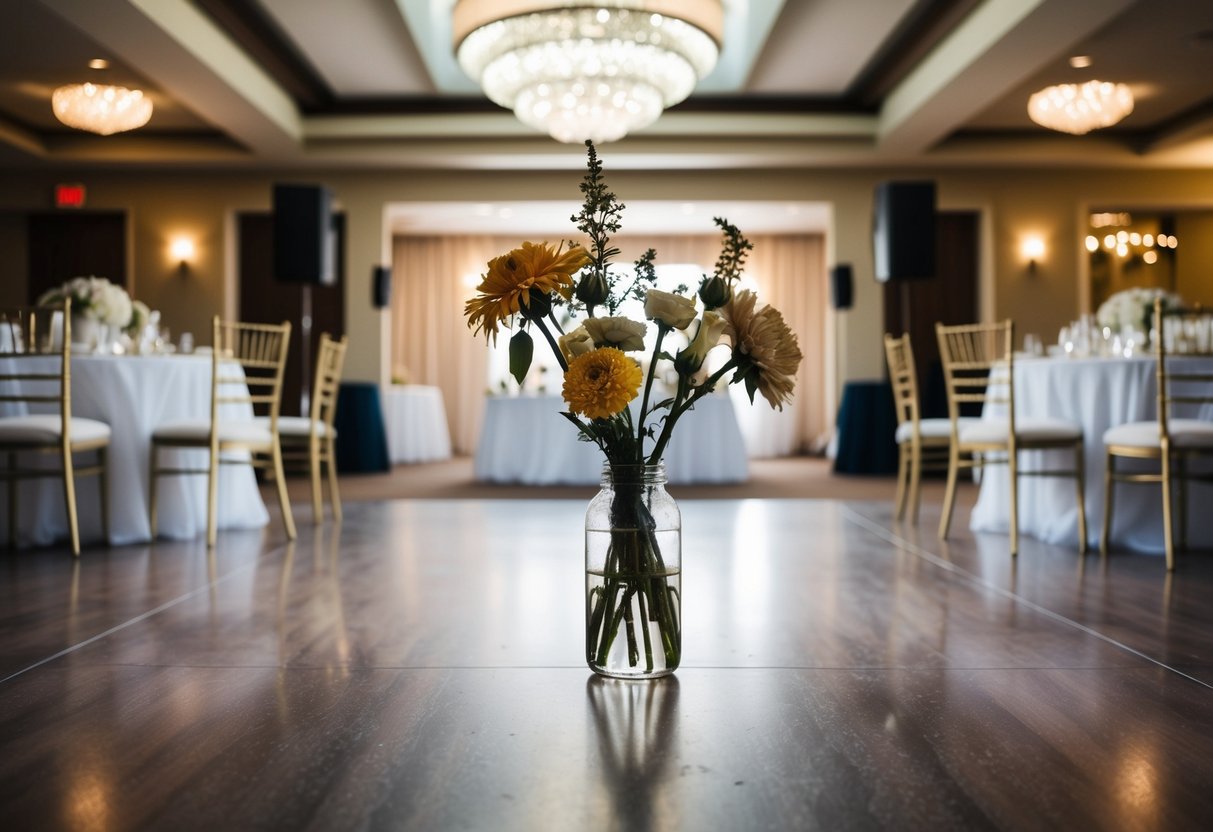 A beautifully decorated wedding venue with empty chairs and tables, a deserted dance floor, and wilted flowers
