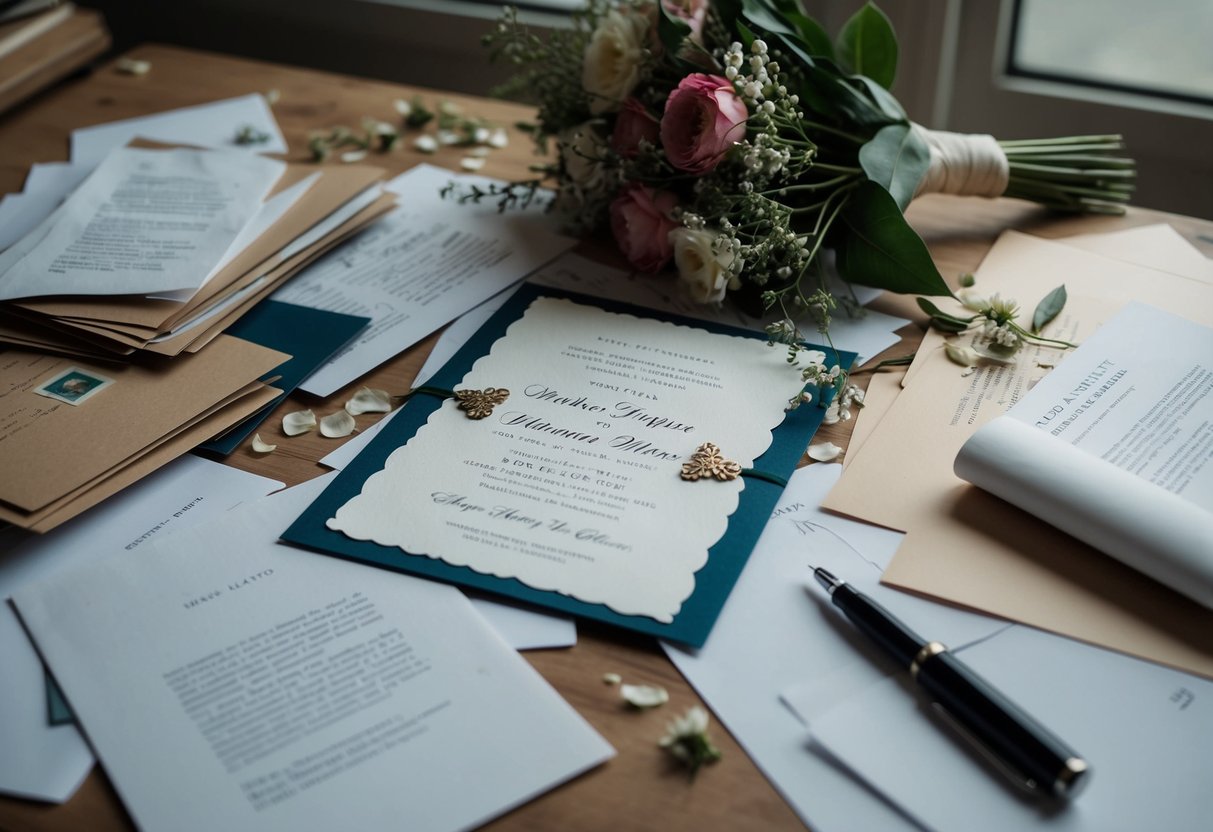 A disheveled wedding invitation lies on a cluttered desk, surrounded by scattered papers and a neglected bouquet of flowers