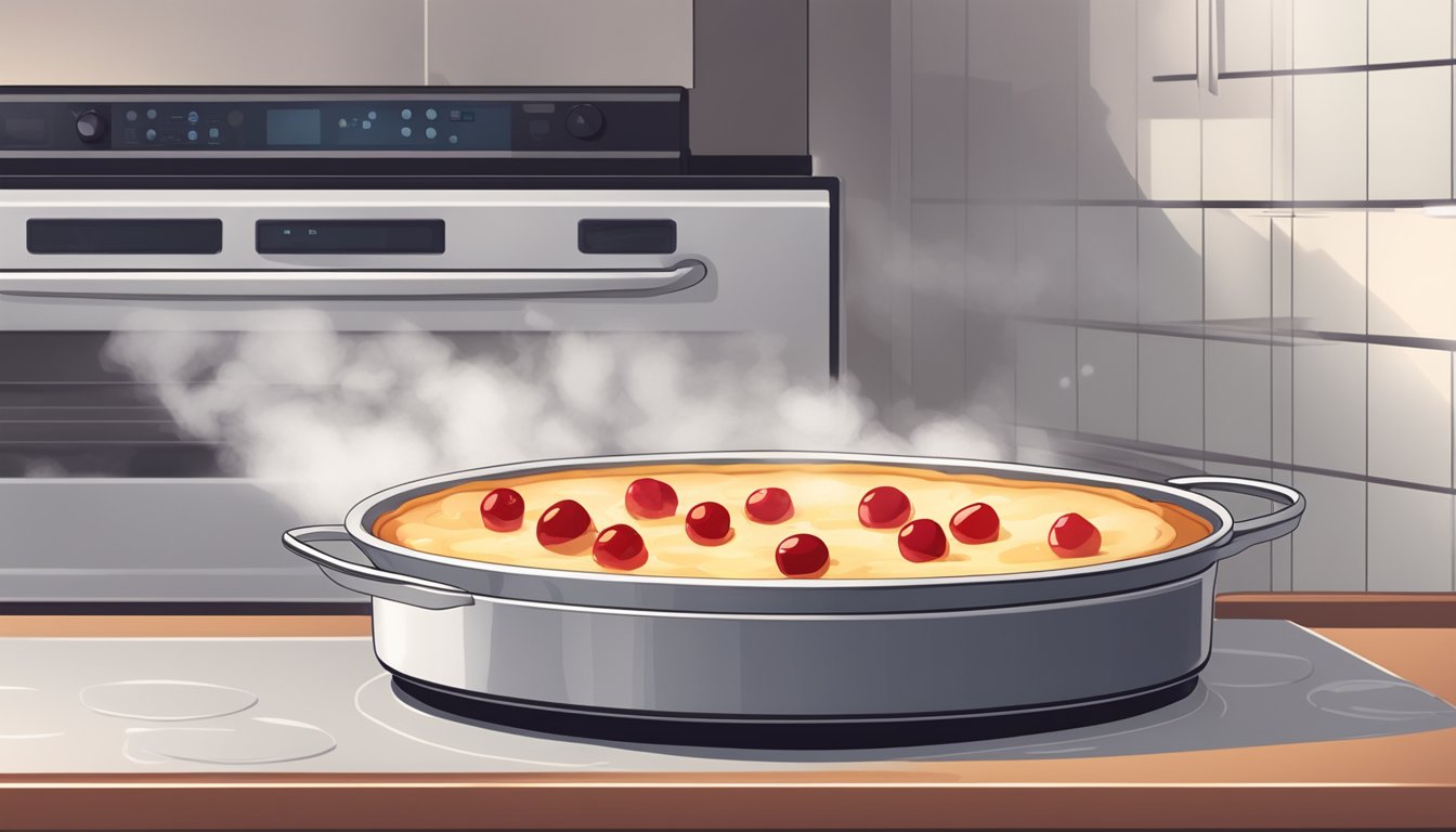 A cherry clafoutis being gently reheated in a warm oven, with steam rising and the sweet aroma filling the kitchen