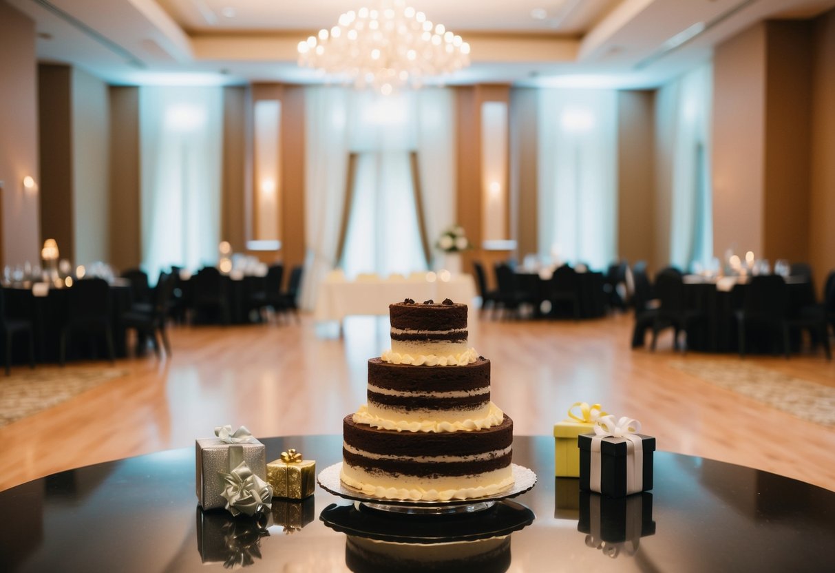 The empty wedding reception hall with half-eaten cake and abandoned gifts suggests the bride and groom left early