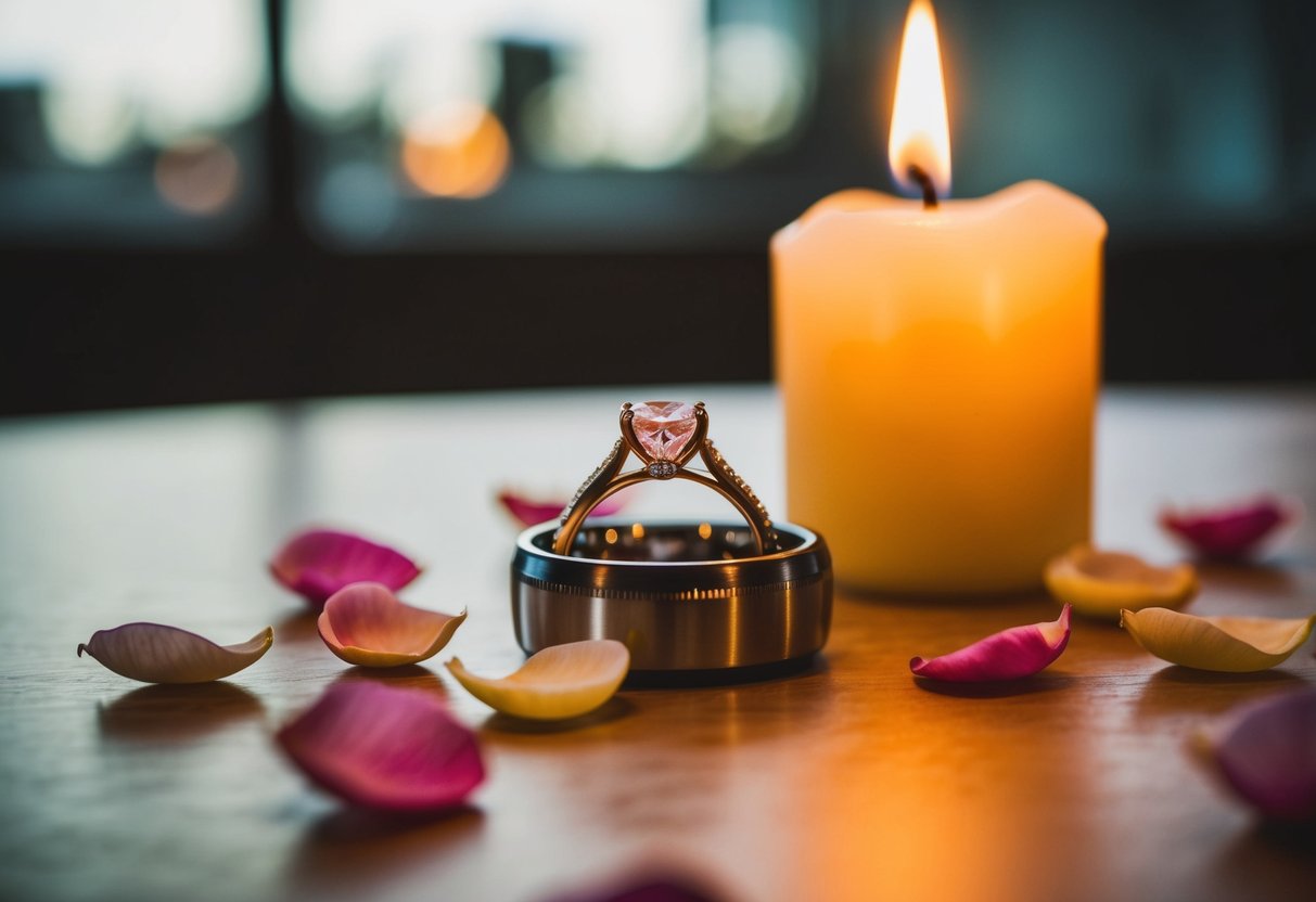 A ring on a table, surrounded by scattered petals and a lit candle