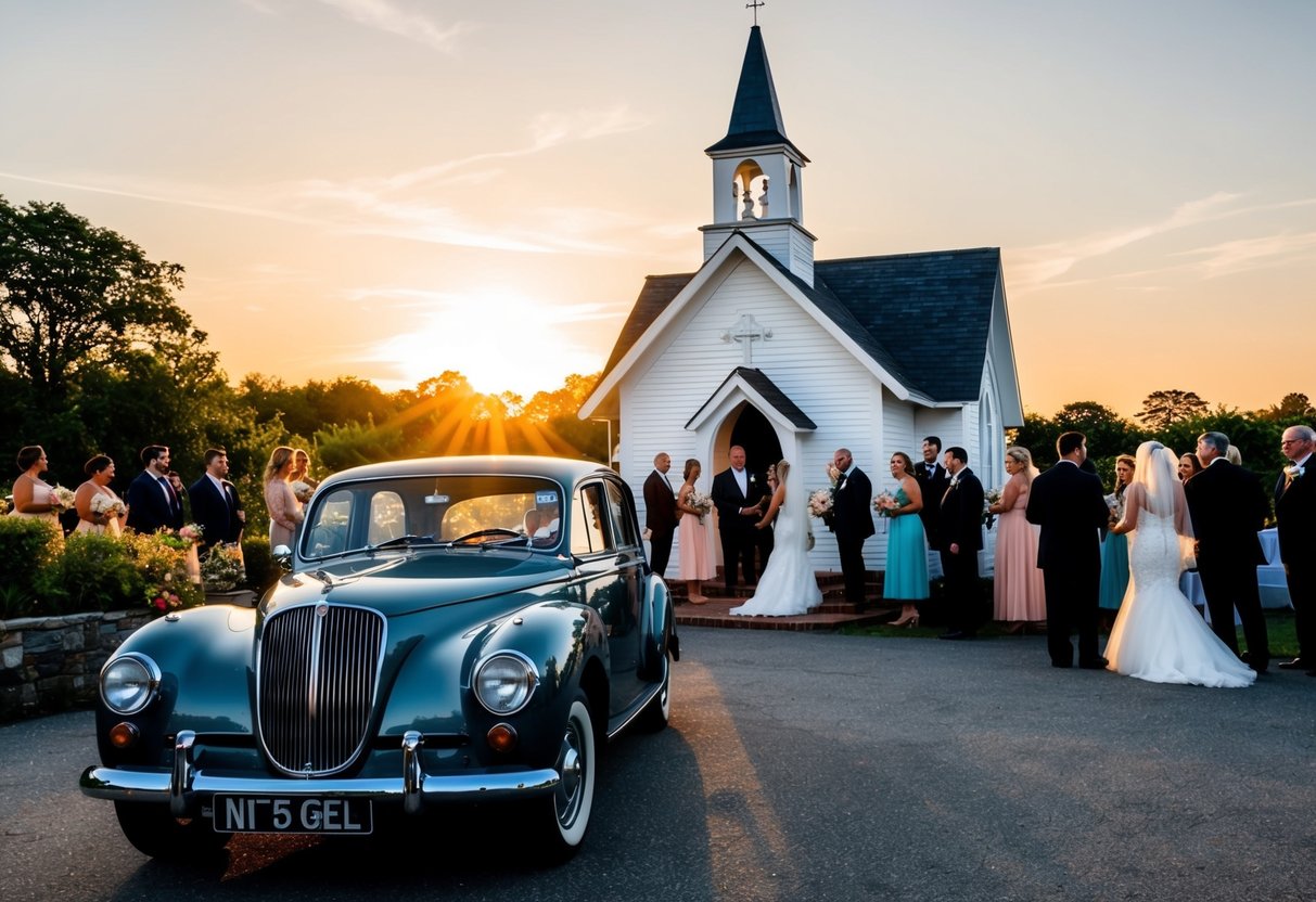 The sun sets behind a vintage car parked outside a quaint chapel, while guests gather inside for the wedding ceremony