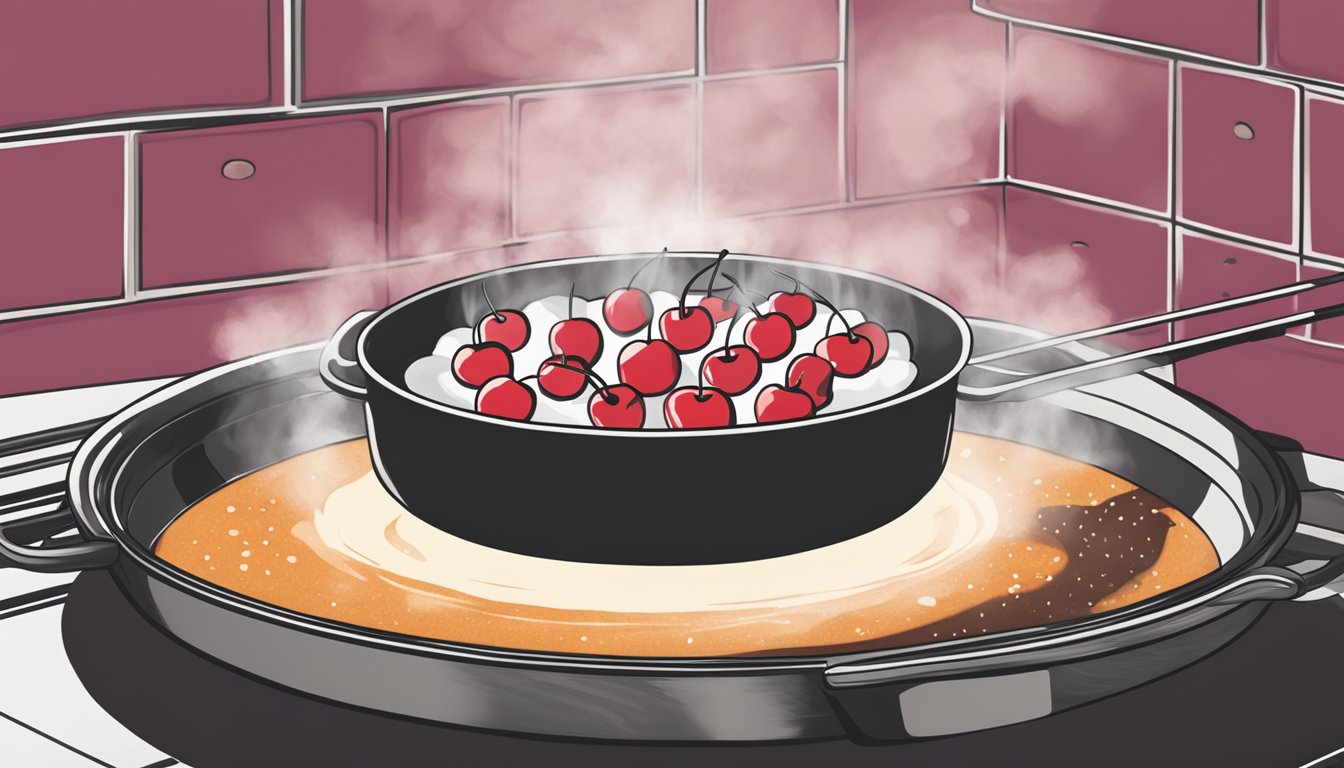 A cherry clafoutis being heated in a traditional oven, with steam rising from the dish and a sprinkle of powdered sugar on top