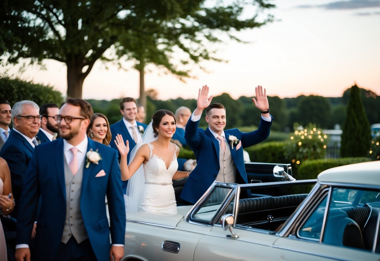Guests gather outside, watching as the bride and groom leave the reception early, waving goodbye as they depart in a vintage car
