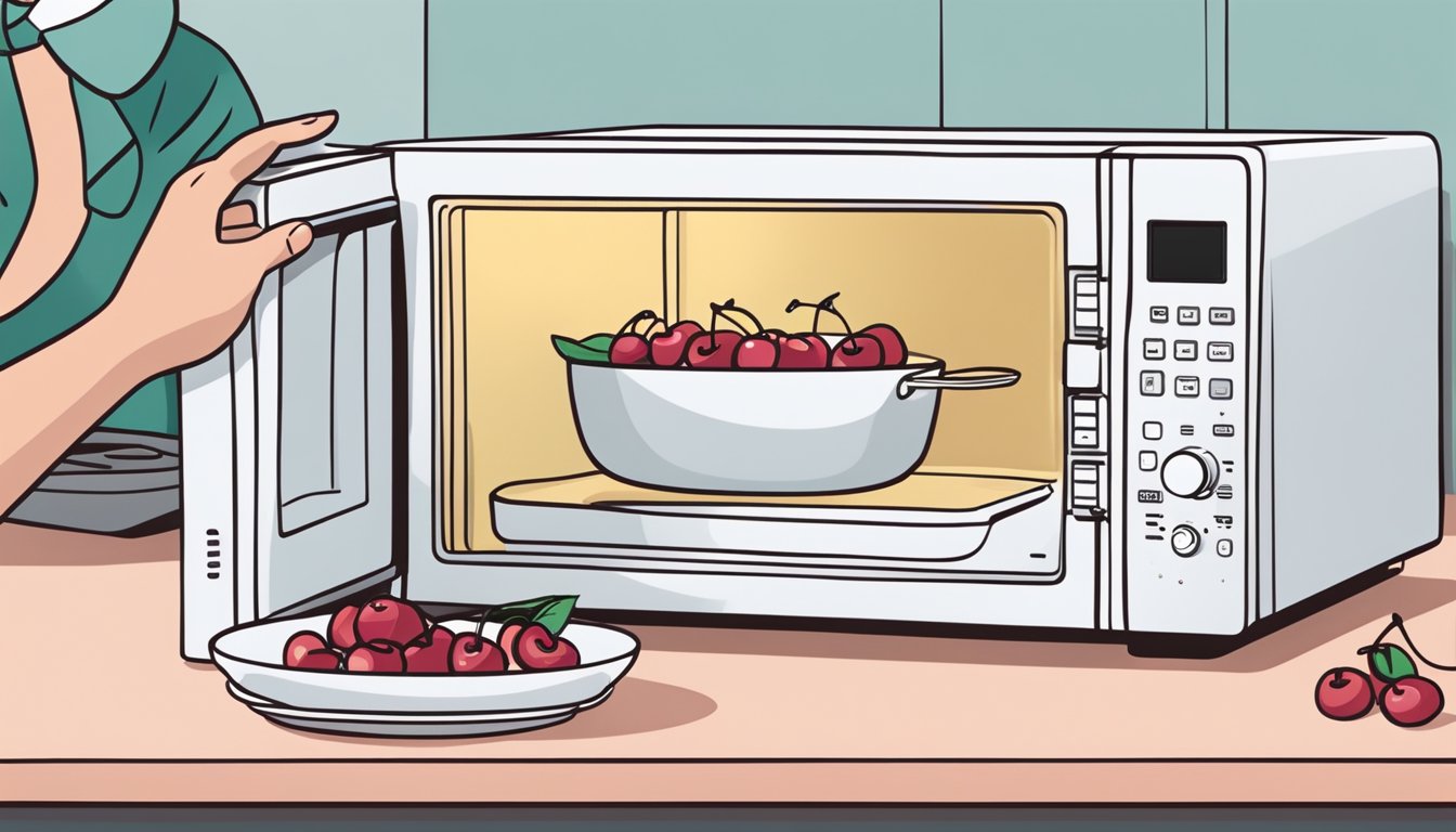 A person placing a slice of cherry clafoutis on a microwave-safe plate and setting the timer before pressing the start button