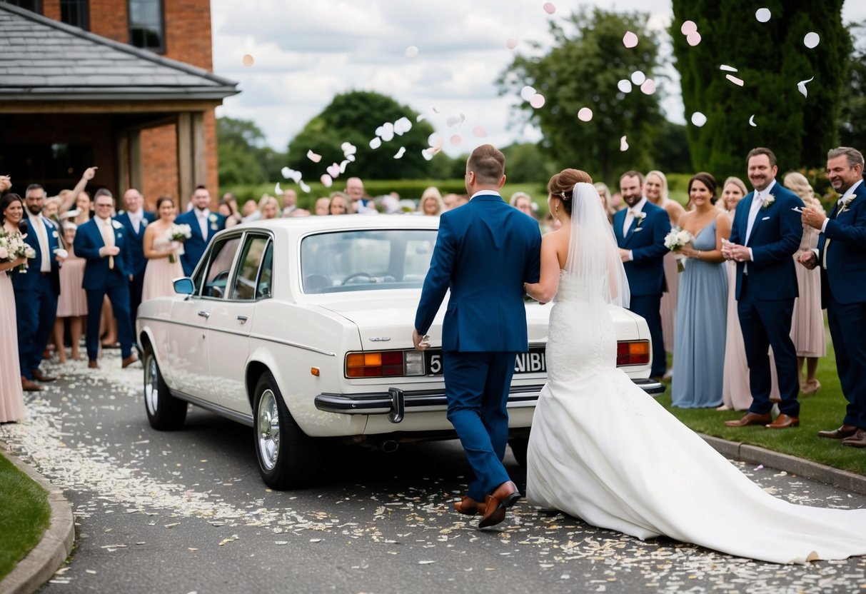 The bride and groom's car pulls away from the reception venue, leaving behind a trail of confetti and well-wishes