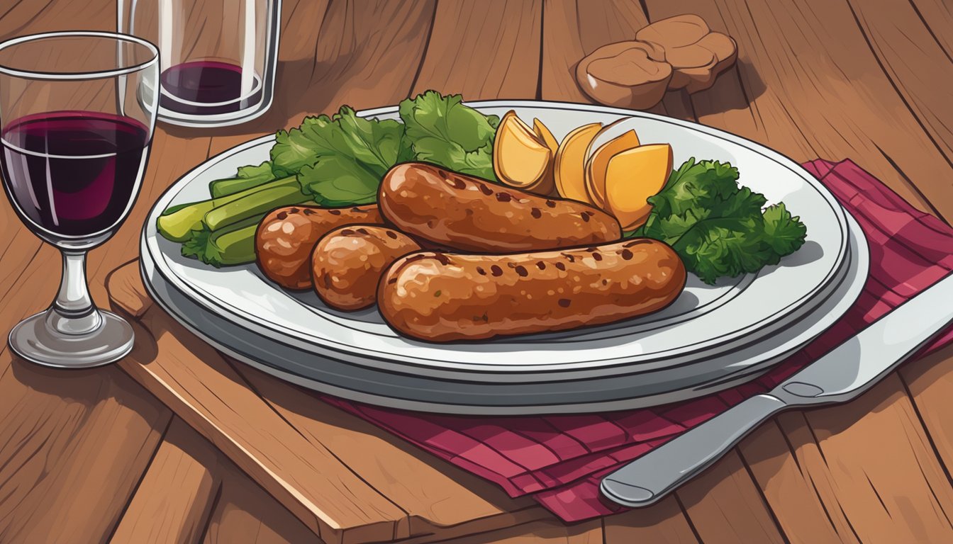 A plate of reheated chicken apple sausages with steaming vegetables and a glass of red wine on a wooden table