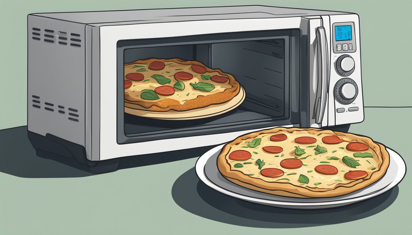 A microwave and oven sit next to each other, with a slice of chicken alfredo pizza on a plate in front of them