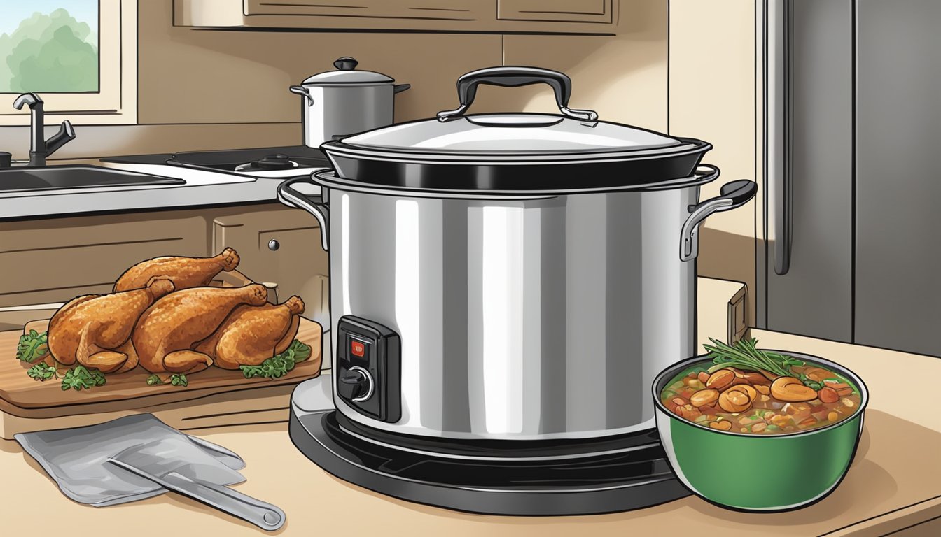 A pot of chicken and andouille gumbo being transferred from stove to refrigerator