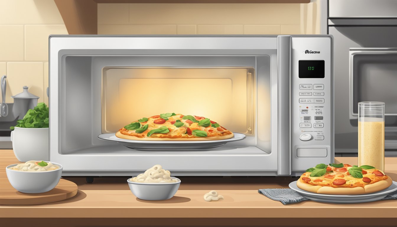 A microwave with a plate of chicken alfredo pizza inside, a timer set, and steam rising from the hot food