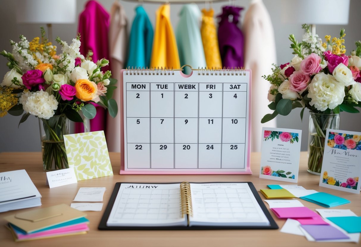 A bustling wedding planner's desk with a calendar showing 10 weeks, surrounded by colorful fabric swatches, floral arrangements, and invitation samples