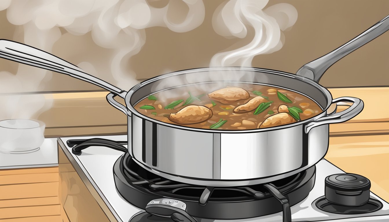 A steaming pot of chicken and andouille gumbo being reheated on a stovetop, with a ladle resting on the side and aromatic steam rising from the rich, flavorful broth