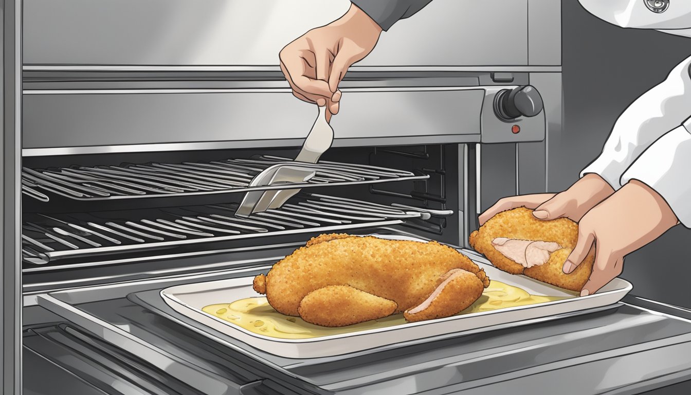 A plate of chicken cordon bleu being placed into a preheated oven