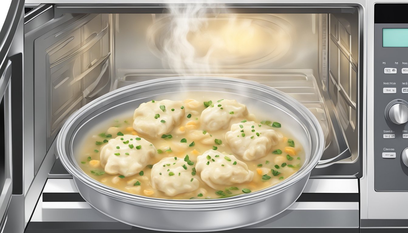 A steaming bowl of chicken and dumplings being carefully reheated in a microwave. The dish is being covered to retain moisture and prevent overcooking