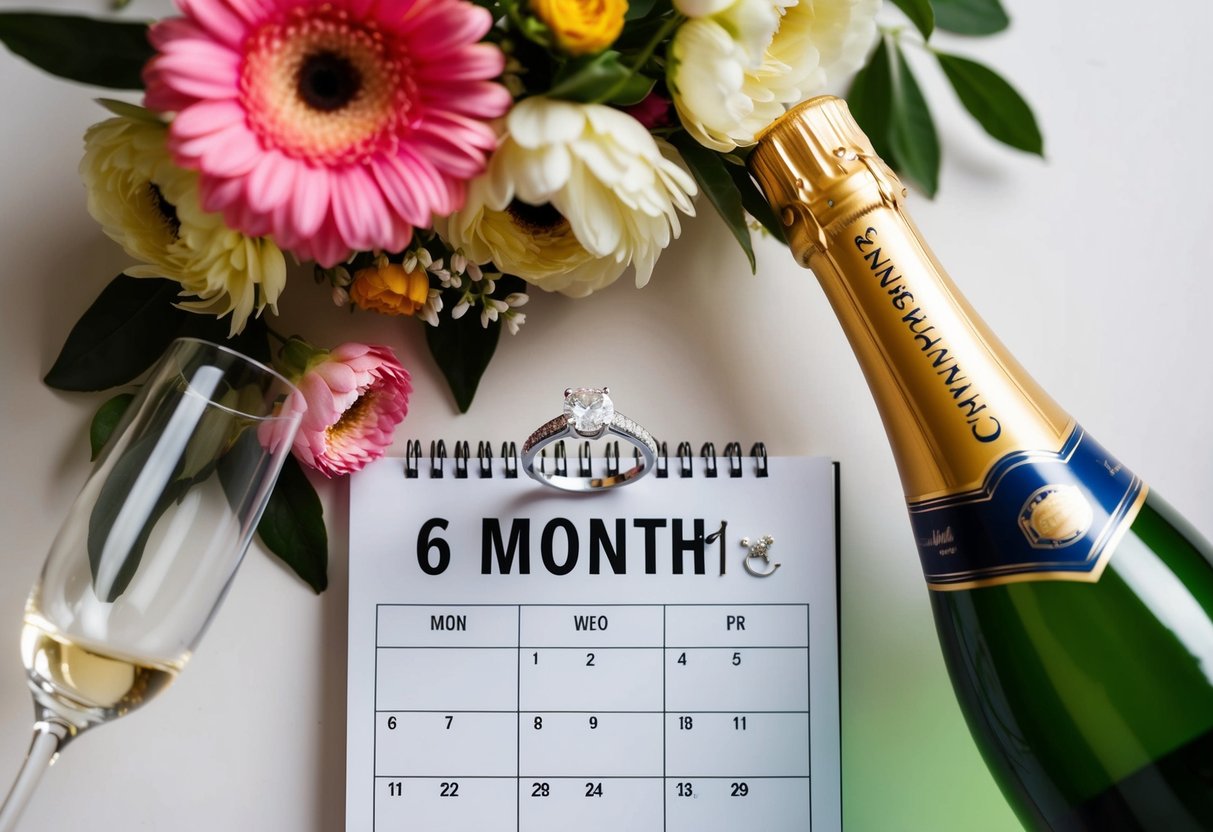 A ring on a calendar marks six months, surrounded by flowers and a champagne bottle, symbolizing a celebration of a short engagement