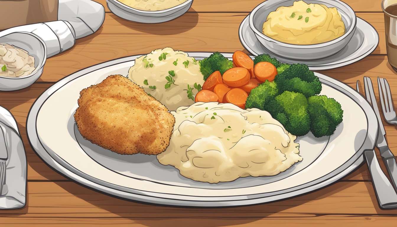 A plate with reheated chicken cordon bleu and a side of steamed vegetables and mashed potatoes on a wooden table