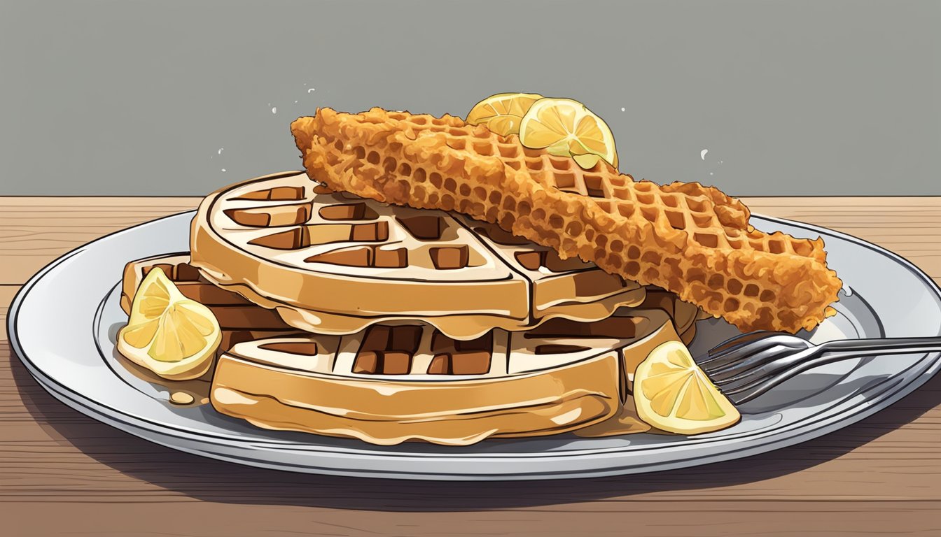 A plate with chicken and waffles, a microwave, and a fork