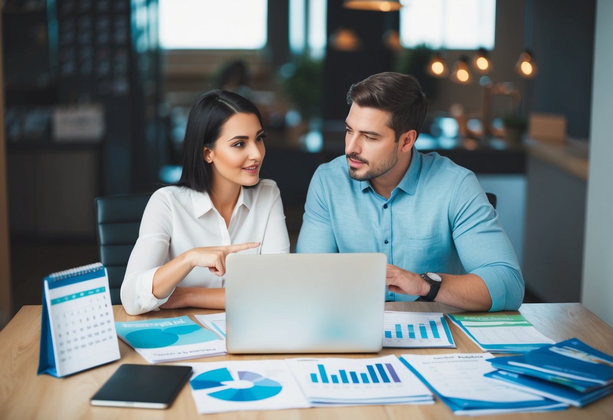 A couple sits at a table, surrounded by calendars, financial documents, and travel brochures. They appear deep in discussion, gesturing towards a laptop displaying a budget spreadsheet