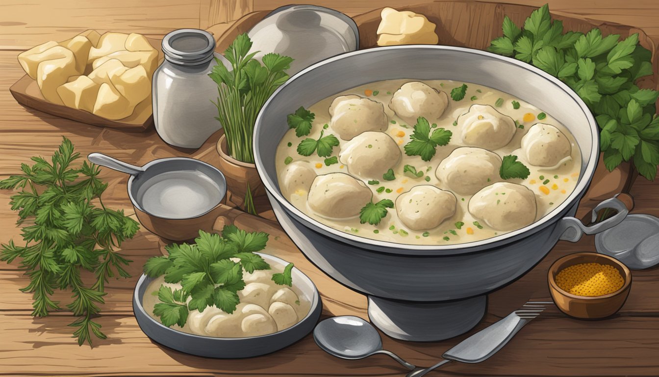 A steaming bowl of chicken and dumplings sits on a rustic wooden table, surrounded by fresh herbs and spices. A fork rests beside the bowl, ready to dig in