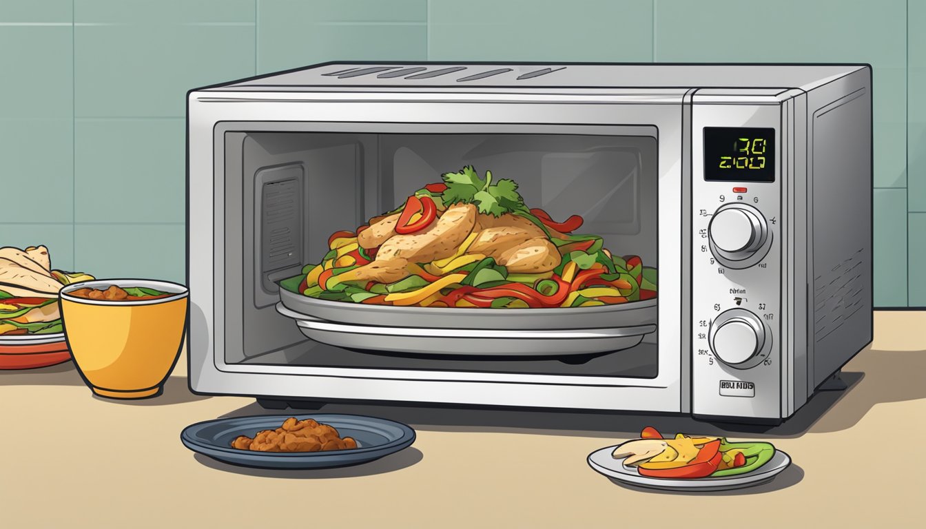 A microwave with a plate of chicken fajitas inside, a fork beside it, and a timer set for reheating