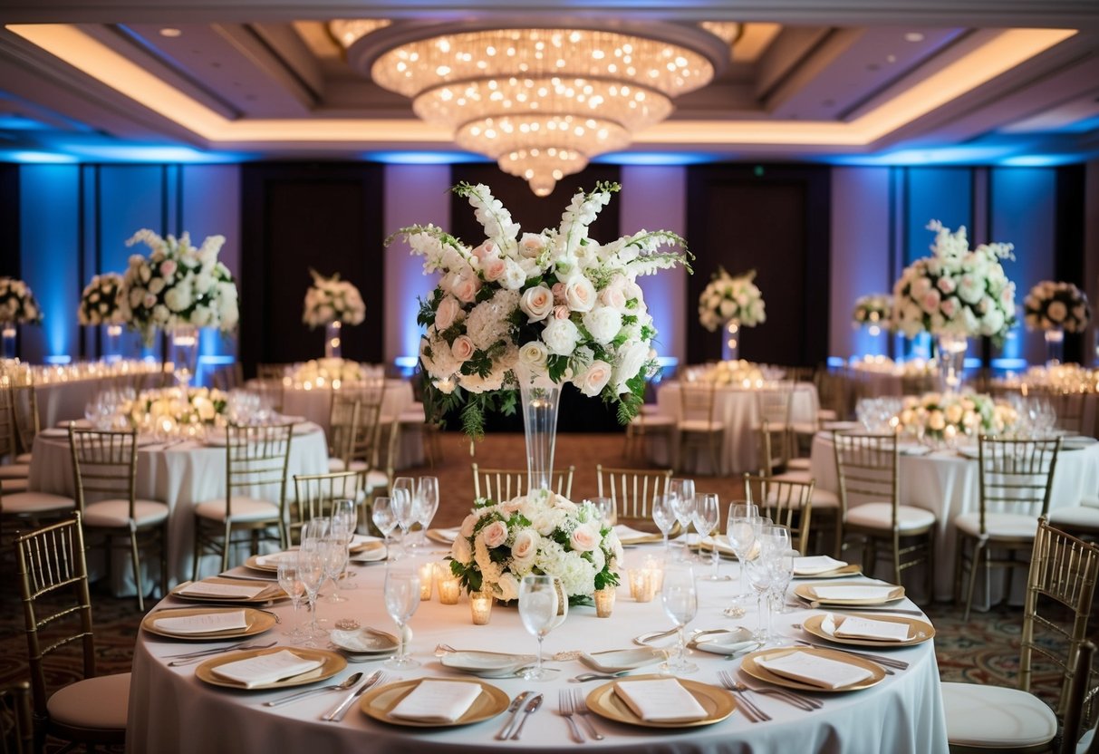A lavish wedding reception with a grand banquet table adorned with extravagant floral centerpieces and elegant place settings